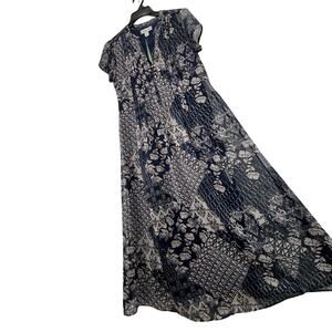 Coldwater Creek Floral Midi Dress 8 Navy Blue Pintuck Pleats Buttons Lined NWT